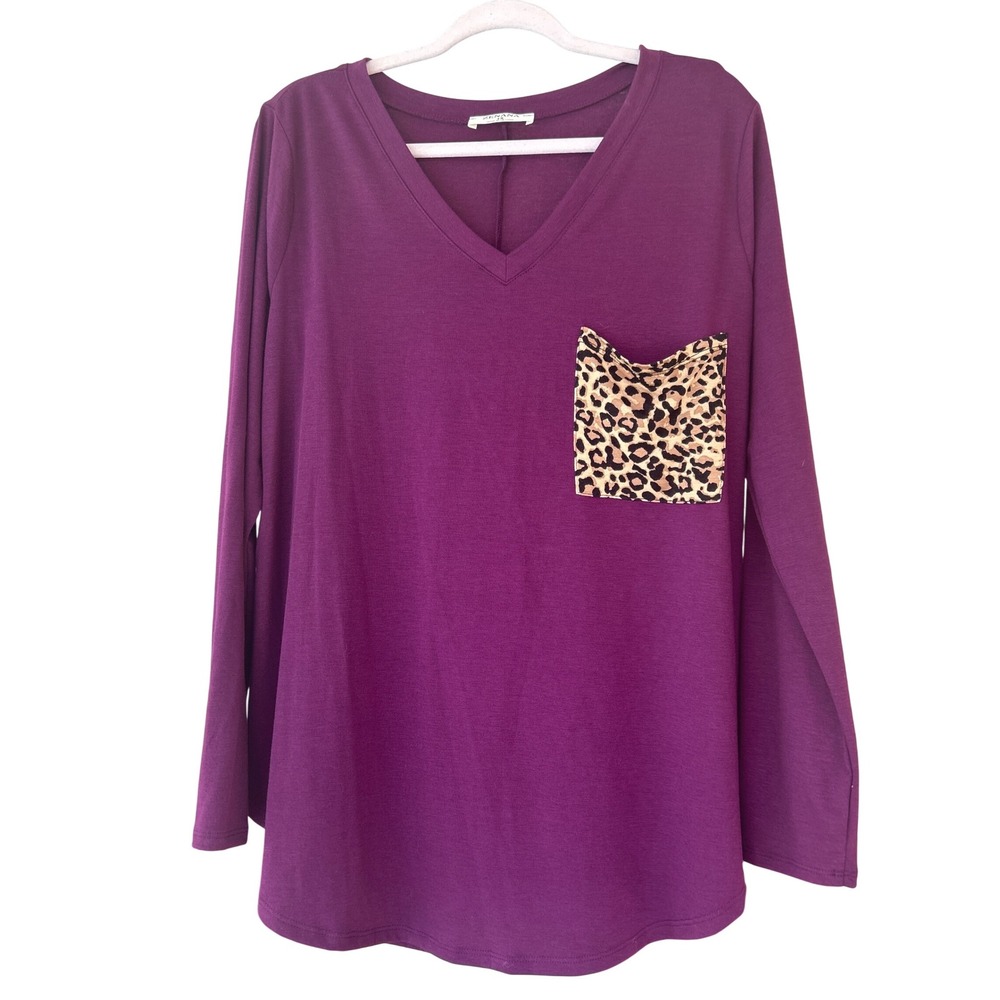 Zenana Women's V Neck Long Sleeve Tunic Top with Leopard Print Pocket